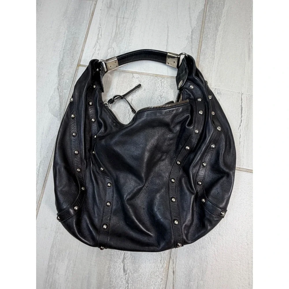 Stuart Weitzman Black Leather Studded Hobo Shoulder Bag Silver Hardware